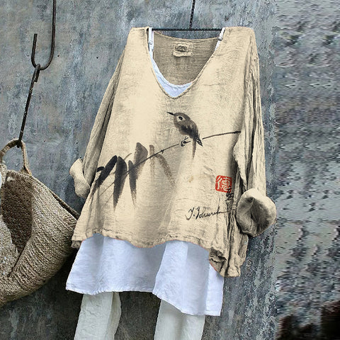 Long-sleeved printed casual pullover loose round neck single-piece T-shirt (without under shirt) m301042