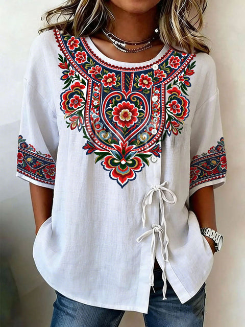 Color matching loose blouse five-button drawstring m302924