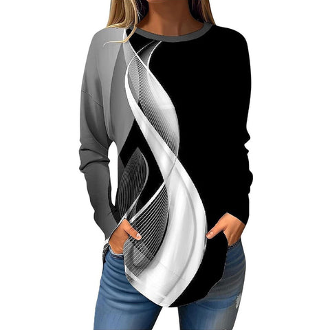 New hem curved loose long-sleeved crew neck T-shirt top print m302172