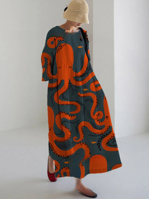 Loose crew neck fashion high-end long-sleeved printed dress m301054