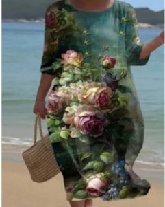 Loose crew neck fashion high-end long-sleeved printed dress m301053