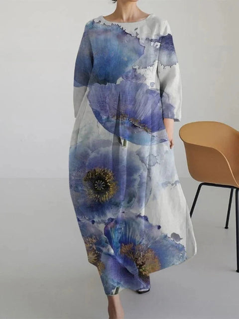 Women's loose crew neck fashion high-end long-sleeved printed dress m301049