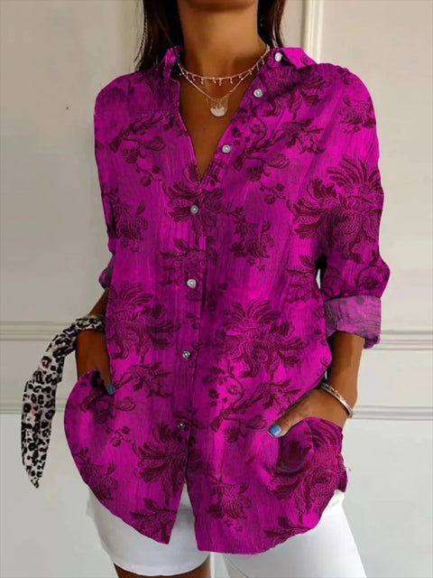 3D digital printing abstract pattern women's long-sleeved buckle linen shirt m302749-01