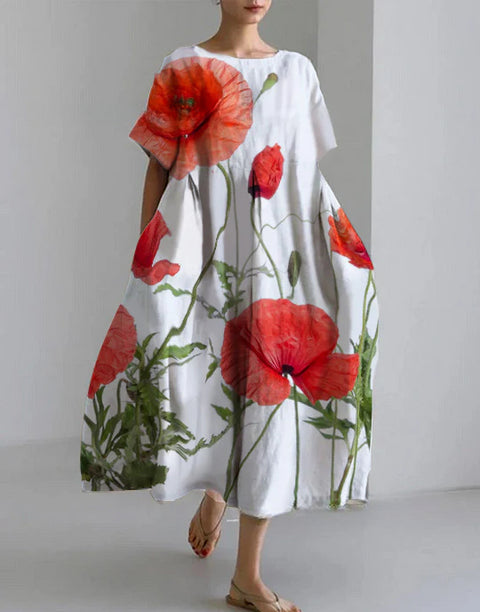 Women's loose crew neck fashion high-end short-sleeved printed dress m301052