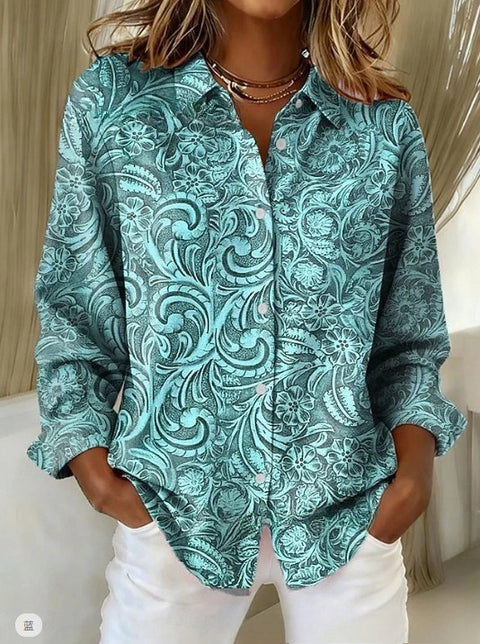 Digital Printed Women's Fashion Retro Lapel Long Sleeve Shirt Top m302117
